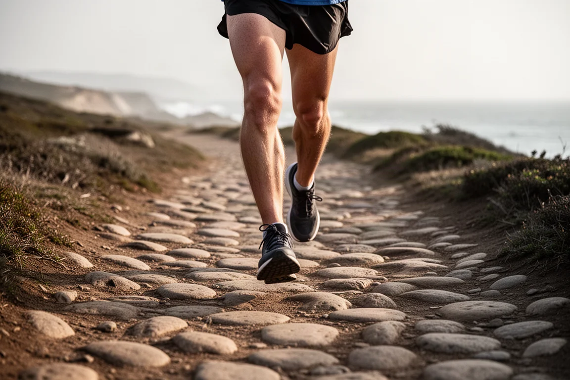 Coureur traversant un sentier pierreux damé sur un terrain de trail varié