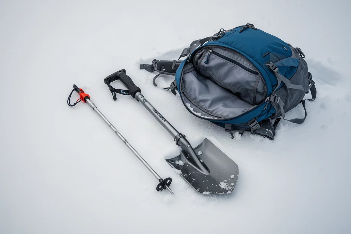 Strumenti da soccorso per valanga disposti sulla neve durante un'esercitazione