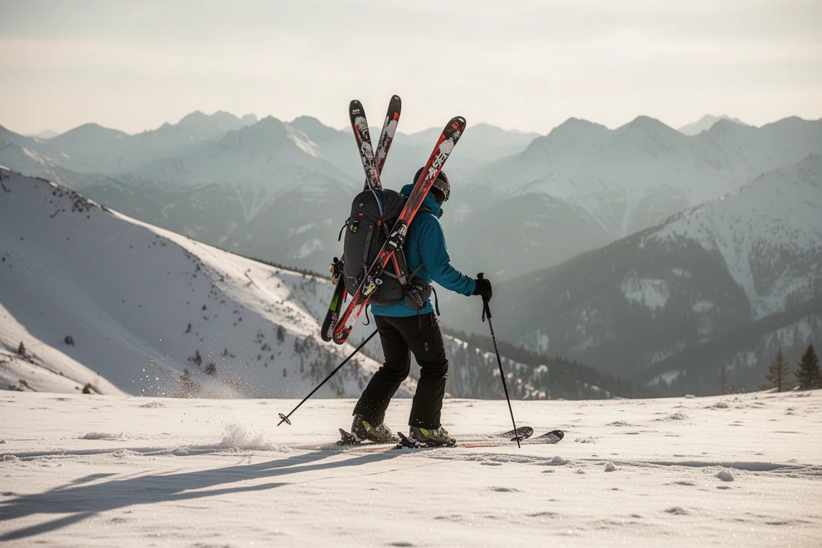Scialpinista in polvere con gli sci fissati sullo zaino