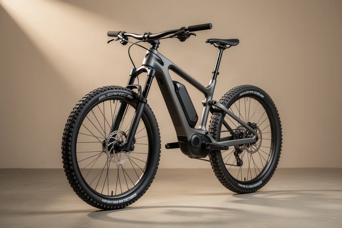 Full-suspension carbon electric mountain bike with integrated shock on a concrete floor