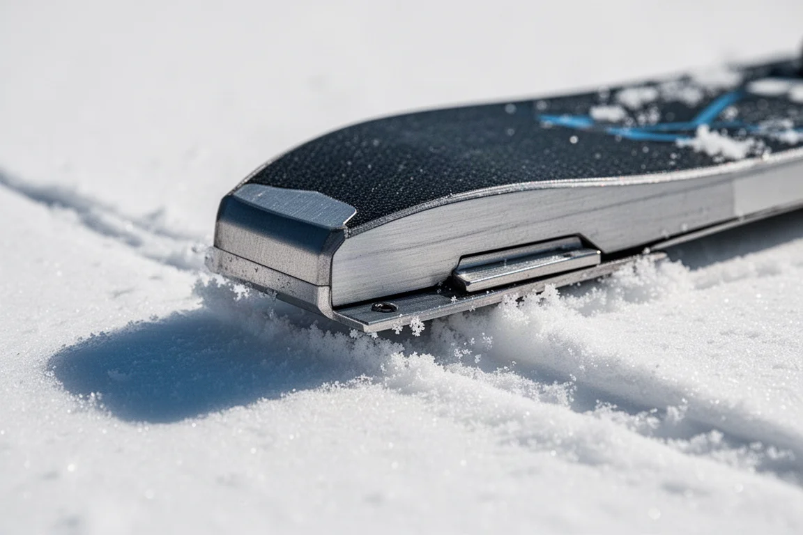 硬く整備された雪面をスキーのエッジが食い込み、サイドウォールのディテールが見えるクローズアップ