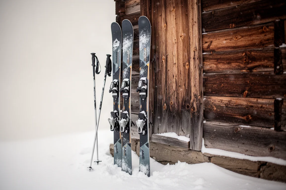 Narty all-mountain i kijki oparte o drewnianą ścianę schroniska w śniegu