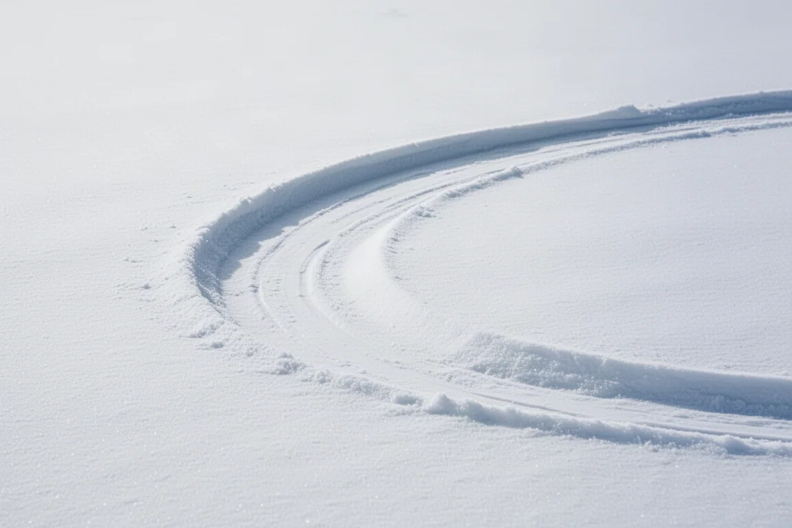 Långt snett svängspår i nypreparerad snö sett ovanifrån
