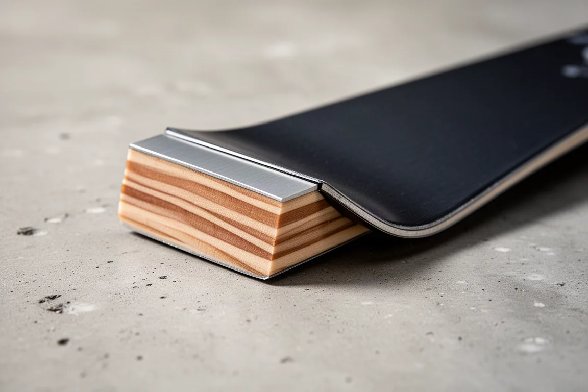 Detalle en primer plano de la construcción del esquí mostrando las capas del núcleo de madera y el laminado metálico