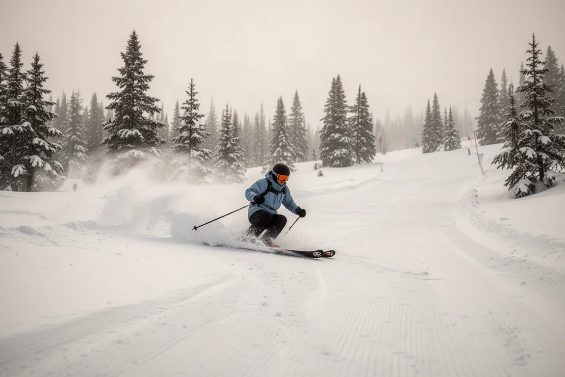 Esquiador realizando un giro amplio en nieve polvo con una nube de nieve elevándose