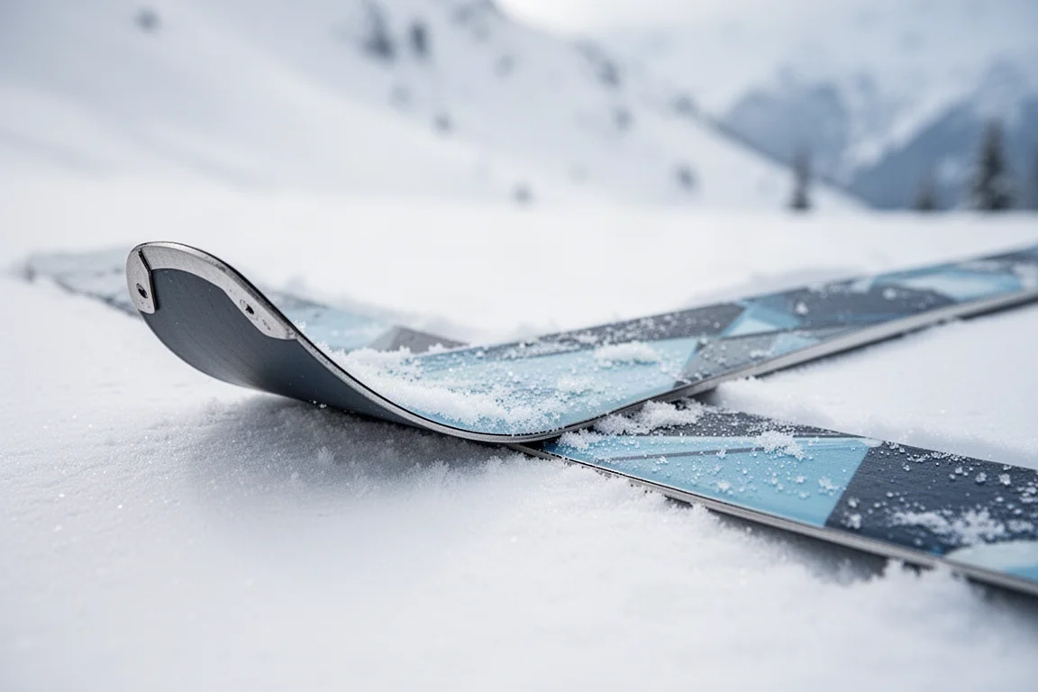 全山滑雪板前半段置於粉雪上,板頭翹起