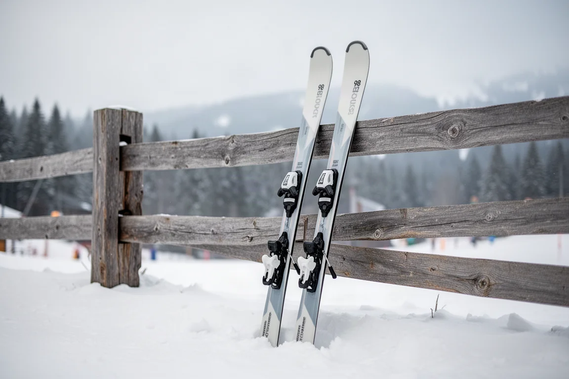Damallmountainskidor som lutar mot ett träsnöskydd i vinterljus