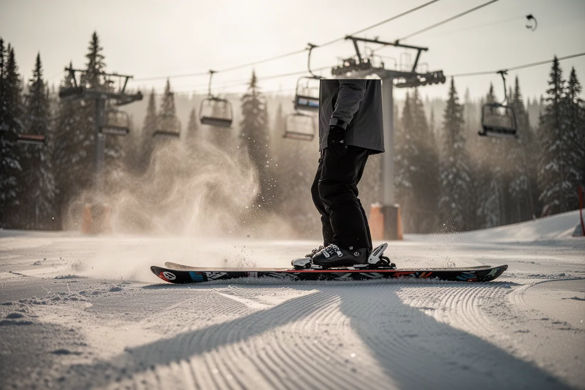 Skifahrer steht neben breiten Freeride-Skier auf einer präparierten Piste im Morgenlicht