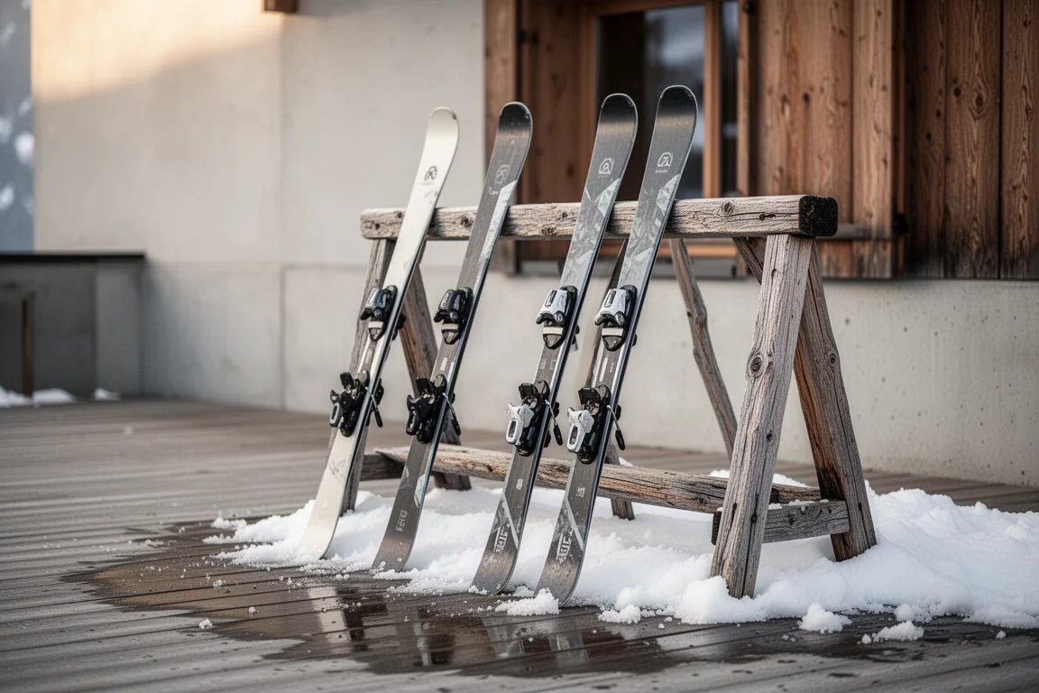 Breite Freeride-Skier lehnen an einem hölzernen Skiständer vor einer Berghütte
