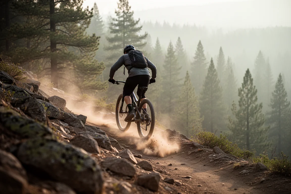 Mountainbiker bei der Abfahrt auf einem steilen, felsigen Trail im Nachmittagslicht, Staub hinter dem Laufrad
