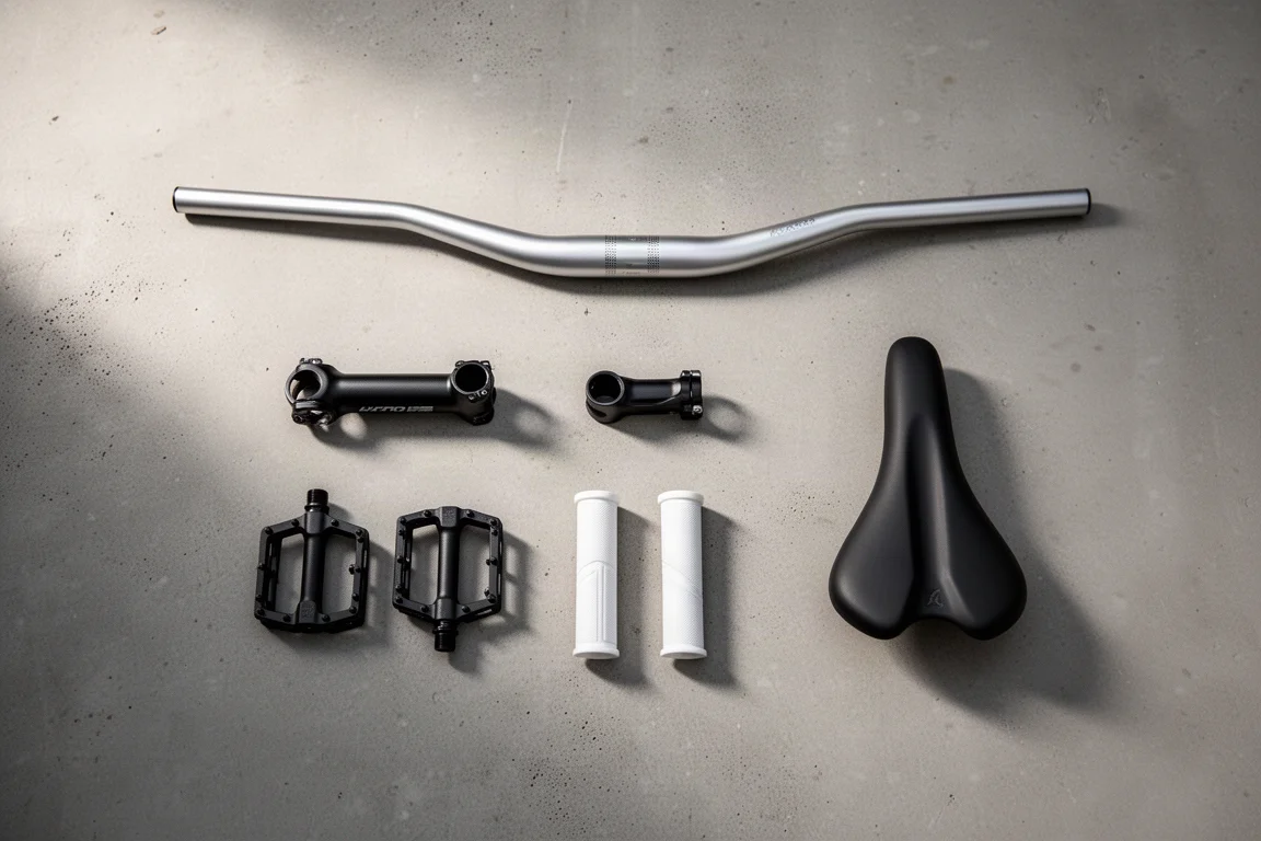 Flat-Lay von oben: Mountainbike-Lenker, Vorbau, Pedale, Griffe und Sattel auf Beton