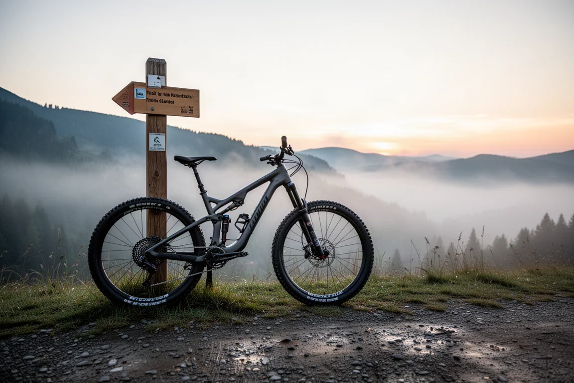 Enduro-Mountainbike lehnt im Morgengrauen an einem Wegweiser, Nebel im Tal