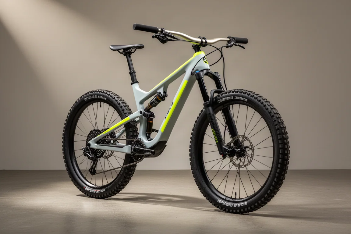 Bici de montaña enduro de doble suspensión con amortiguador oculto en el cuadro, cuadro gris con detalles en amarillo