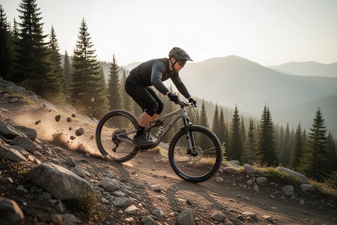 Ciclista de mountain bike descendo uma descida alpina rochosa sob luz suave de fim de tarde