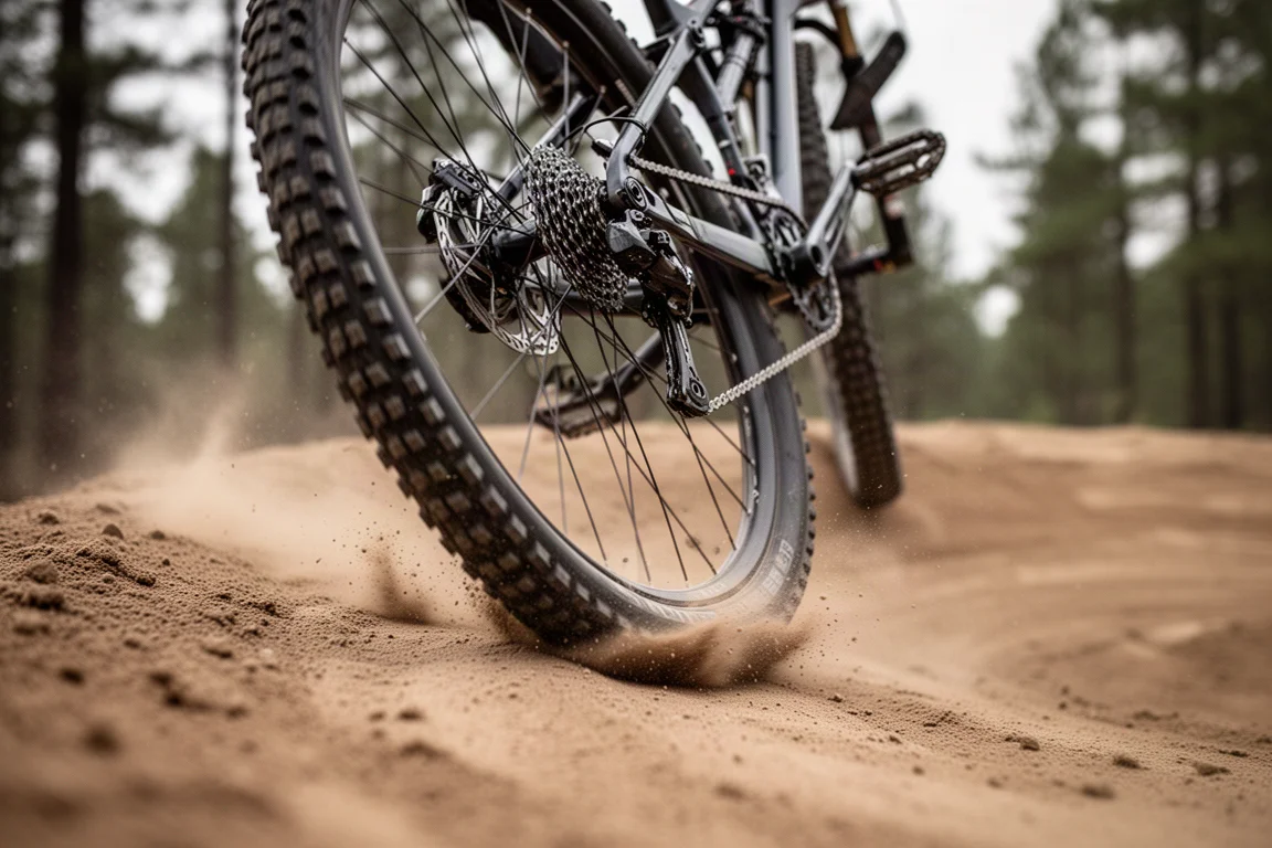 Roda traseira de mountain bike fazendo curva forte em um berm poeirento