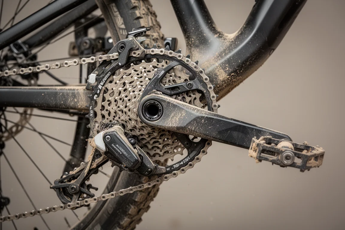 Close-up de transmissão sem fio de mountain bike e cassete em trilha empoeirada