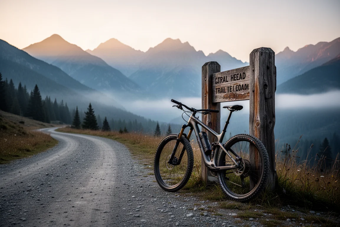 Mountain bike apoiada no início da trilha ao nascer do sol com montanhas ao fundo