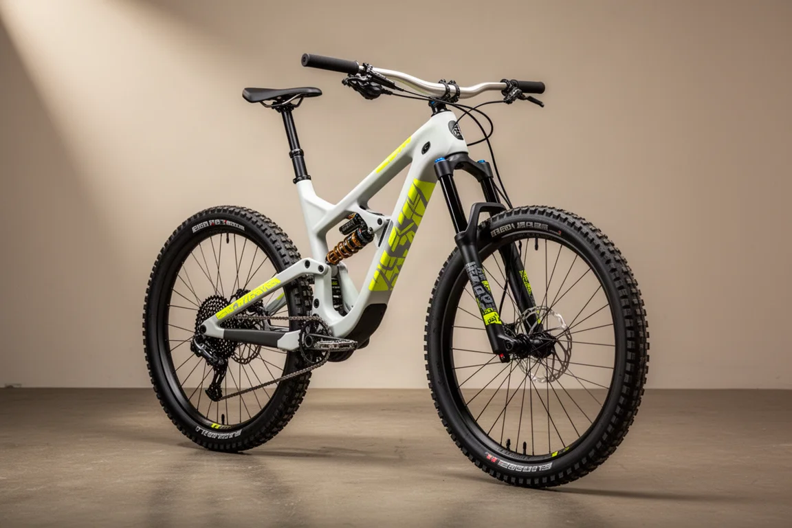 Bicicleta de montaña enduro de largo recorrido en gris blanquecino con detalles amarillos sobre suelo de hormigón