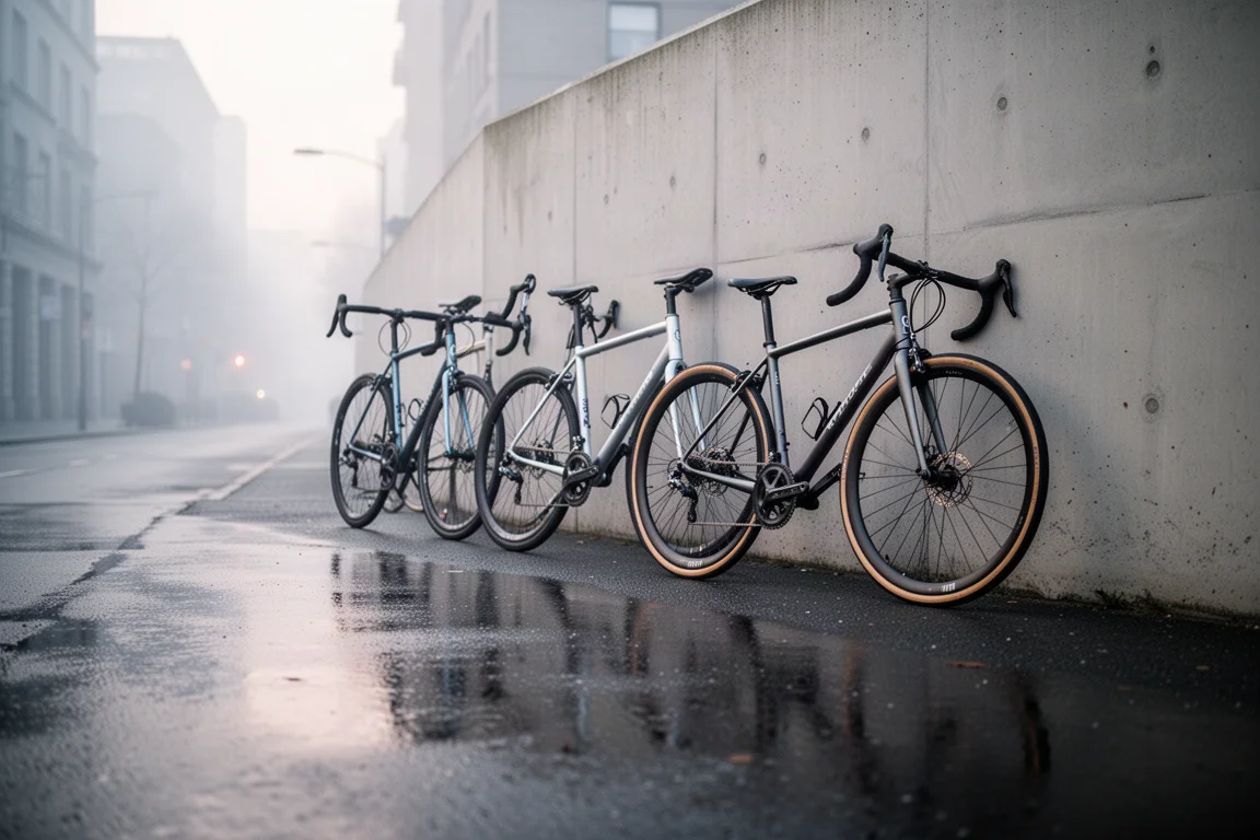 Bicicleta de carretera colgada de una báscula de taller en un luminoso estudio de reparación