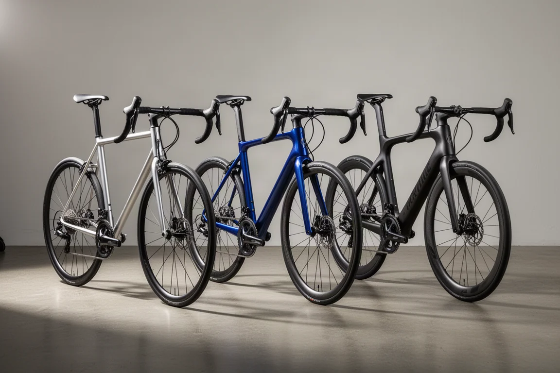 Three road bikes with aluminium, blue carbon and aerodynamic carbon frames lined up on concrete