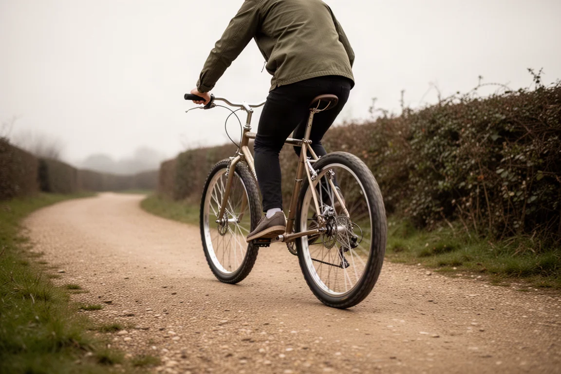 Mountain bike rígida vintage apoiada em uma parede de tijolos em uma rua da cidade