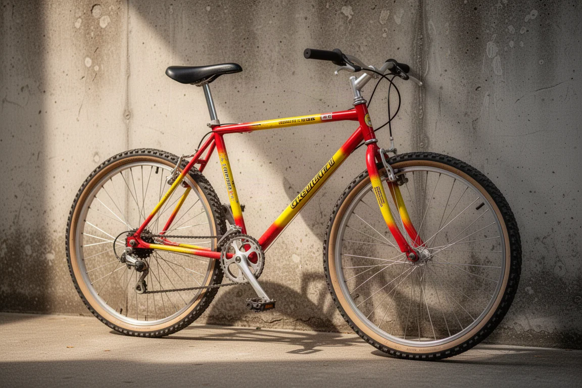 Vintage rigid-fork mountain bike with colourful frame and 26-inch wheels on concrete