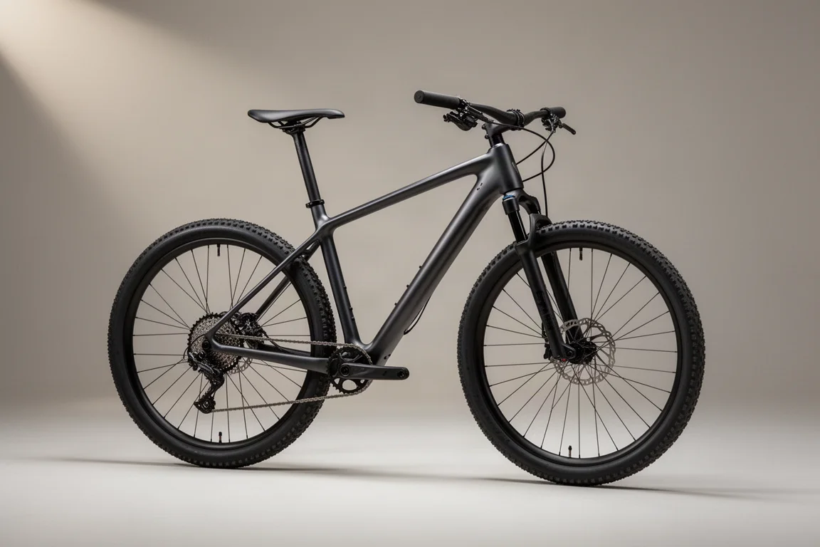 コンクリート上に置かれたカーボン製クロスカントリーマウンテンバイクのハードテイルを斜め前から見た姿