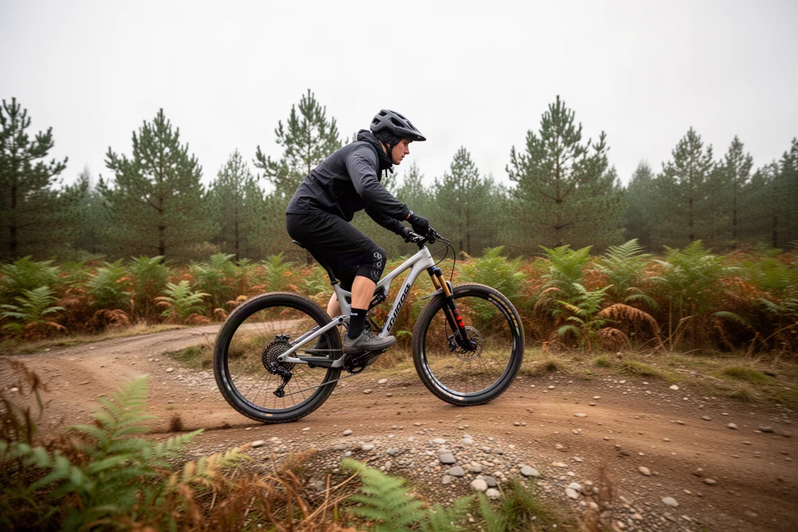 Mountainbiker op een glooiende traverse in een trailcenter bij zacht bewolkt licht