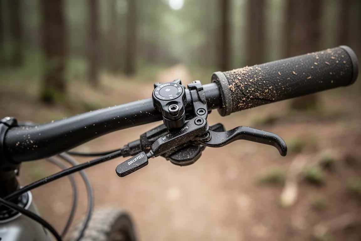 Close-up van een stuurremote voor de vering met drie hendels bedekt met stof van het parcours