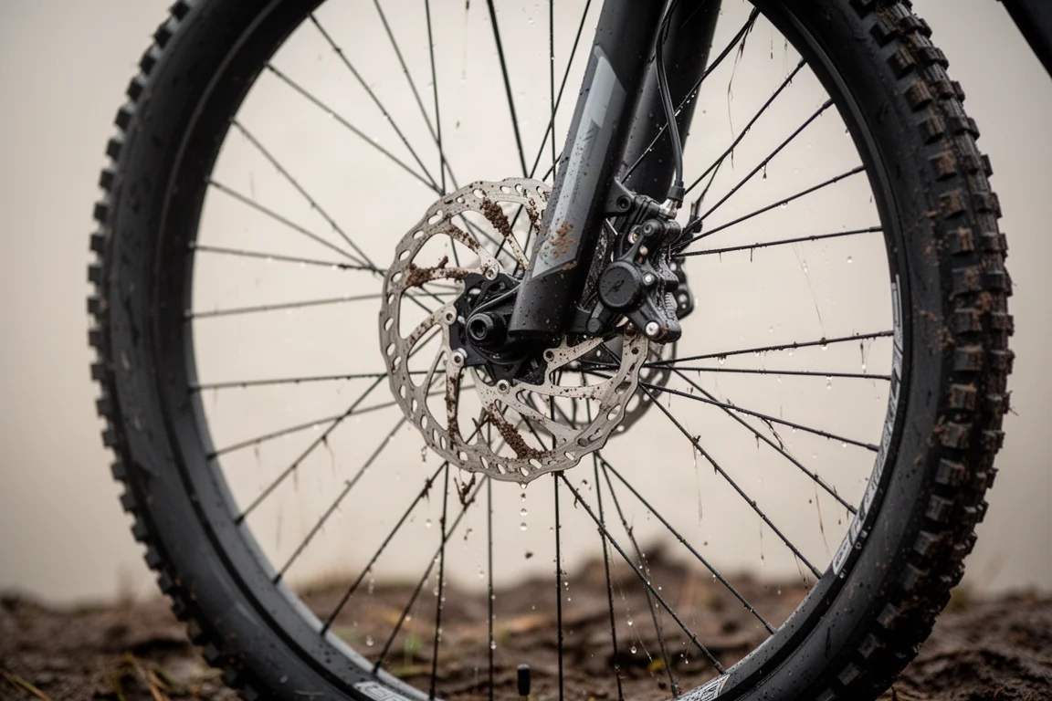 Modderige remschijf en remklauw op een mountainbikewiel