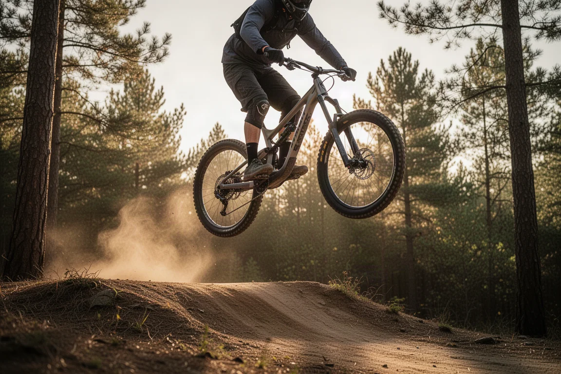 Mountainbiker die van een sprong lanceert op een bospad tijdens het gouden uur