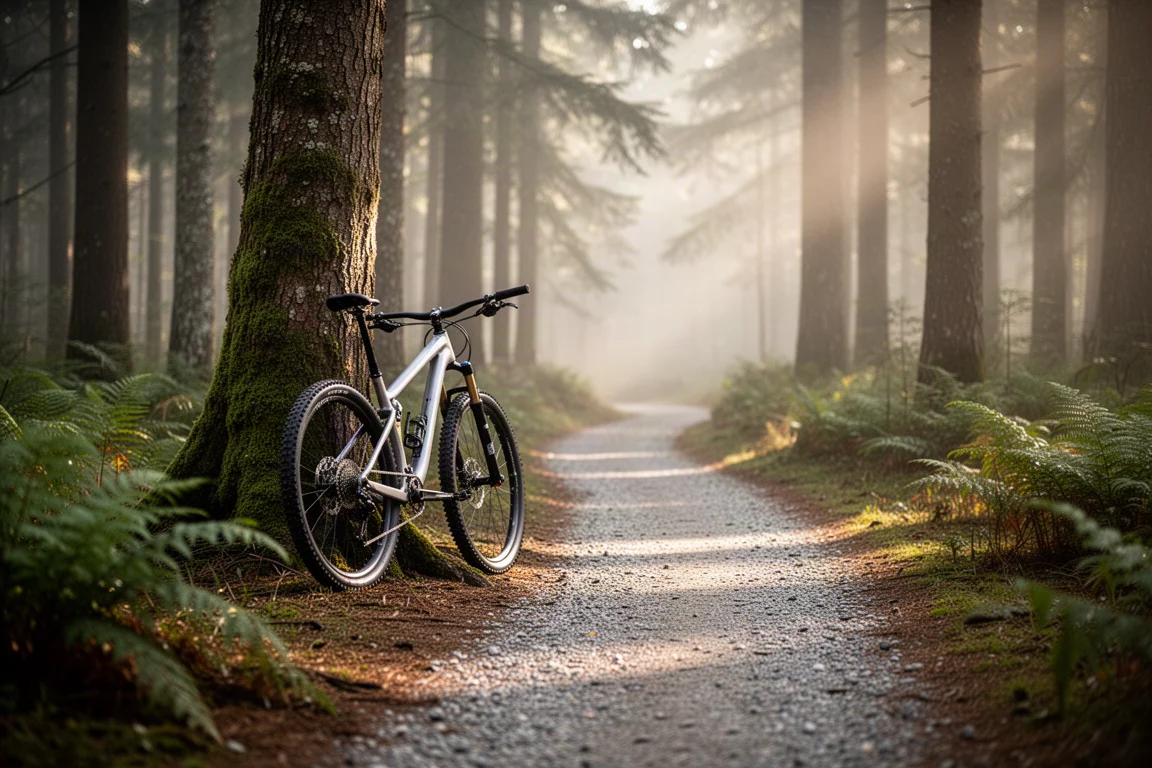 Cross-country mountain bike parked on a gravel forest trail in soft daylight