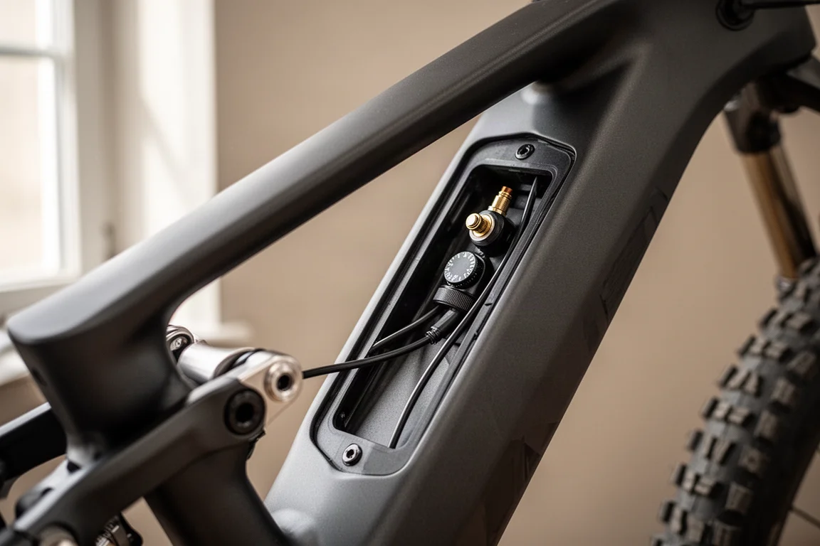 Close-up of a bike frame with a service door open revealing a hidden rear shock