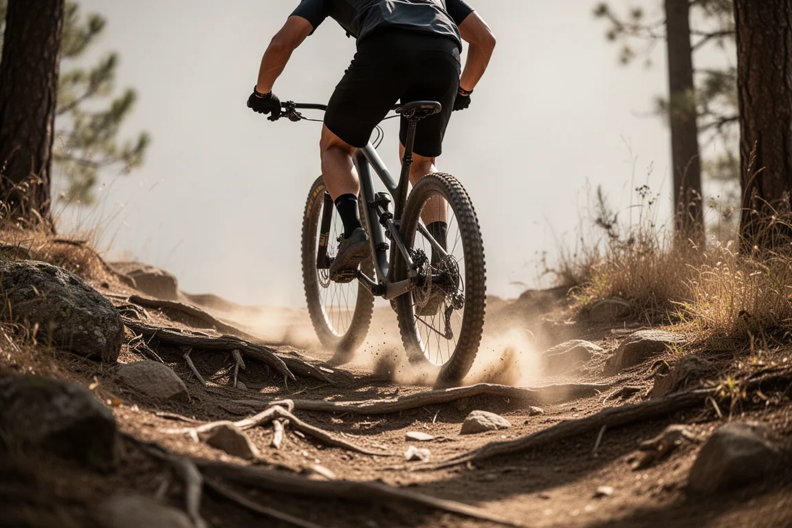 Rider powering up a steep loose climb on a cross-country mountain bike