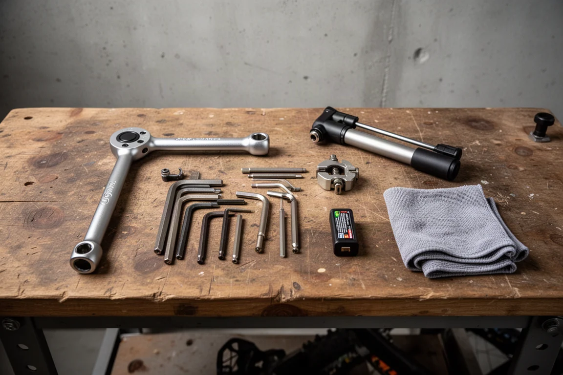 Mountain bike tools and saddle bag laid out on a workshop bench
