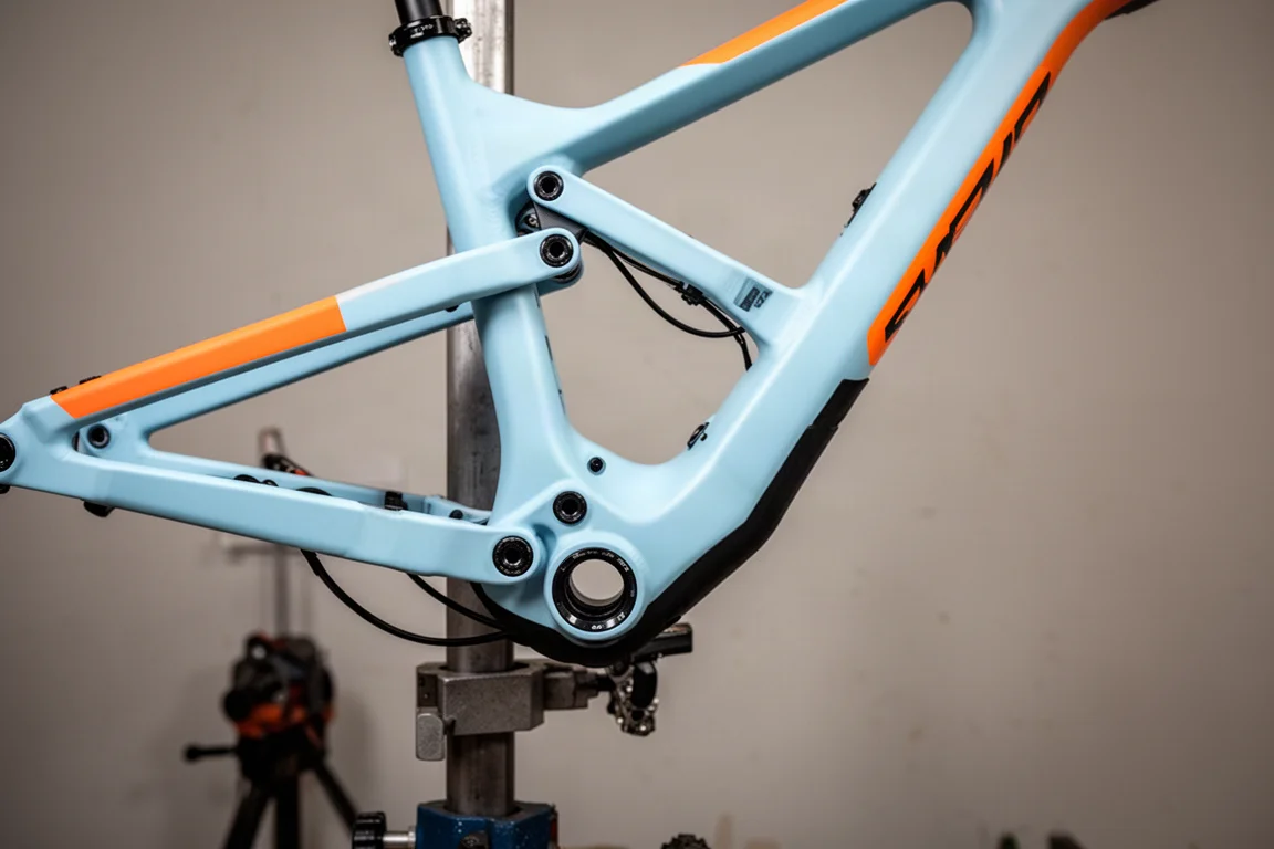 Close-up de um quadro de mountain bike de edição limitada em um suporte de oficina