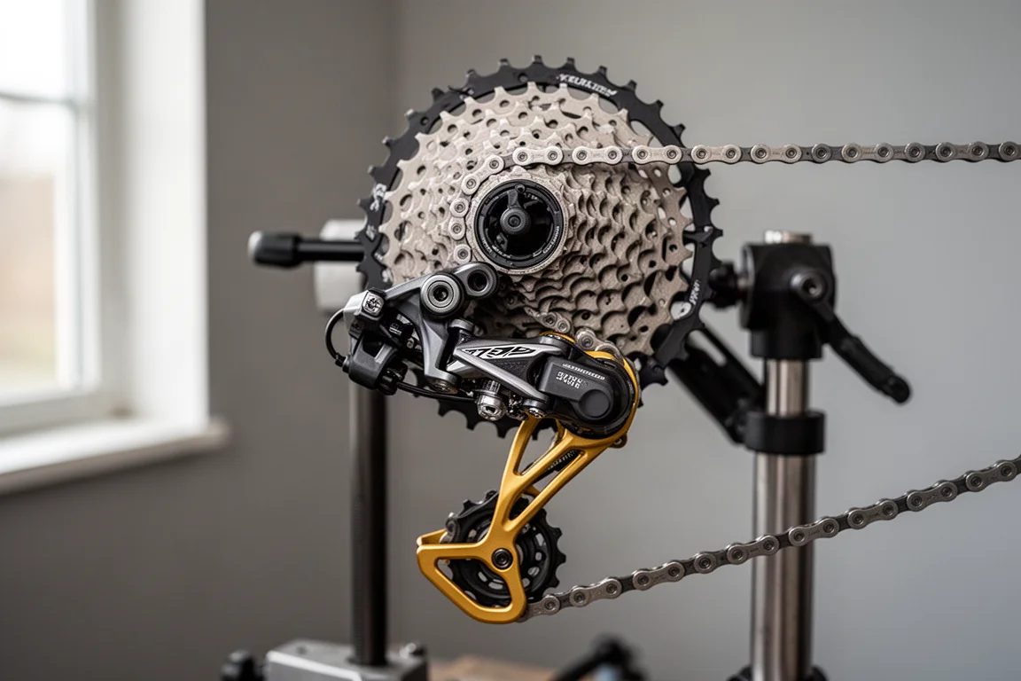 Câmbio traseiro e cassete de mountain bike fotografados por trás