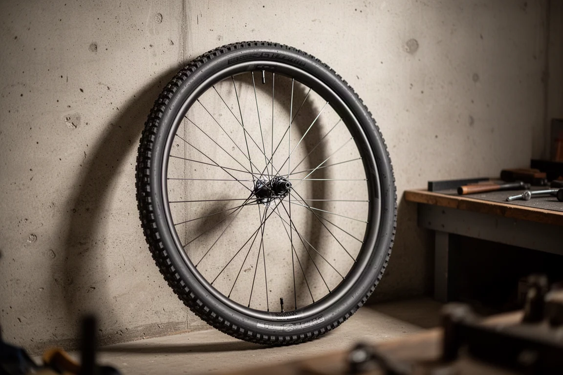 Roda de carbono cross-country com pneu tubeless apoiada na parede da oficina