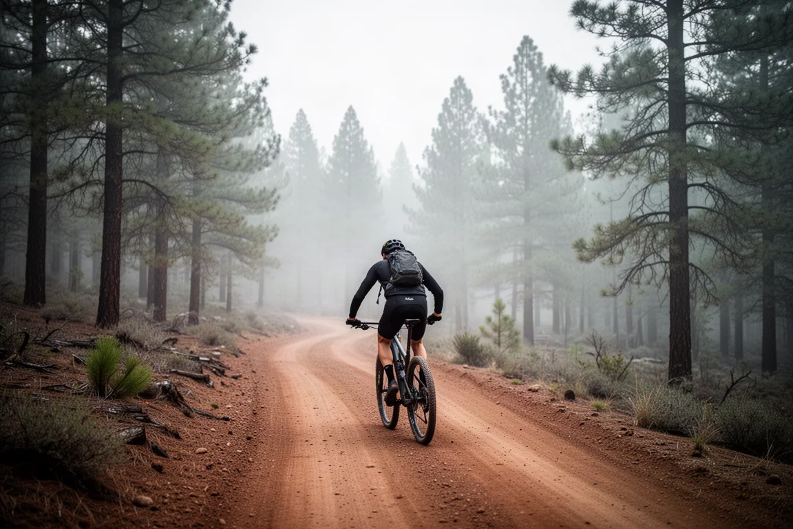 Ciclista de mountain bike cross-country subindo uma estrada de terra na floresta ao amanhecer