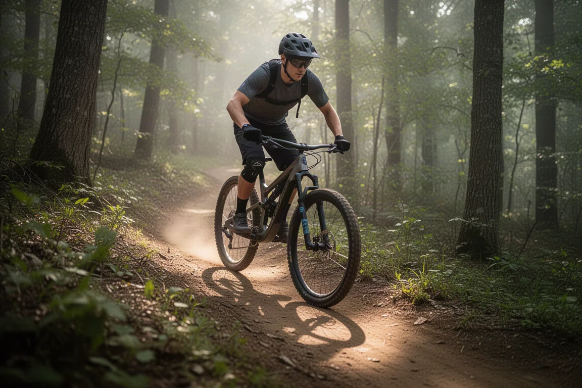 Ciclista de mountain bike subindo uma trilha de singletrack em mata fechada com uma bike de cross-country de carbono com suspensão total