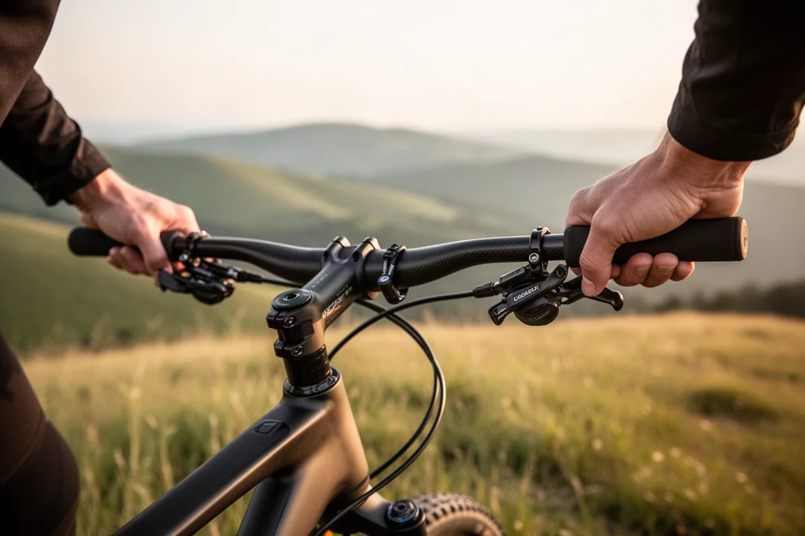 Close-up das mãos de um ciclista em um guidão de carbono reto com alavancas de trava da suspensão em uma crista gramada