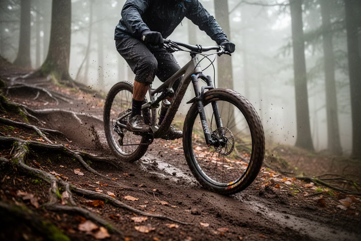 Ciclista de mountain bike descendo uma trilha de mata coberta de raízes, com lama no chão e nos pneus