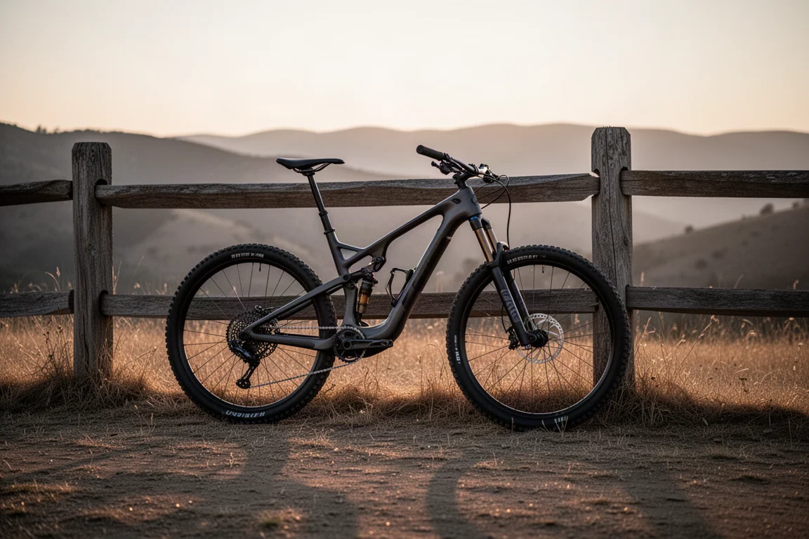 Bike de cross-country com suspensão total encostada em uma cerca de início de trilha ao anoitecer, sob luz quente e suave