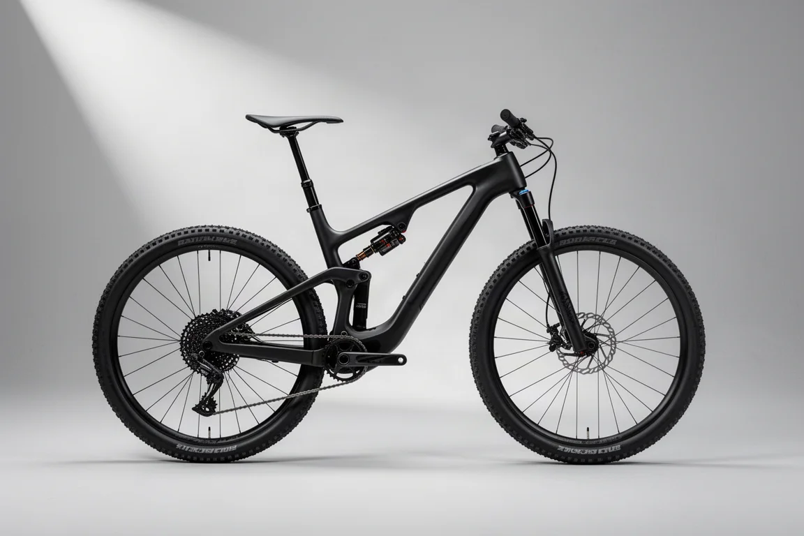 明るいグレーのスタジオ背景に置かれた Scott Spark RC World Cup AXS フルサスペンション カーボン クロスカントリーバイク
