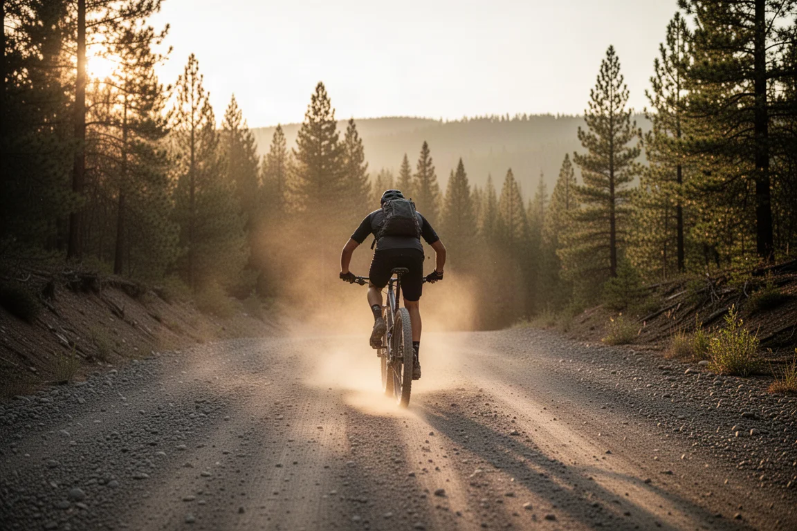 Cross-Country-Mountainbiker bei der Auffahrt auf einer steilen Forststraße zur goldenen Stunde