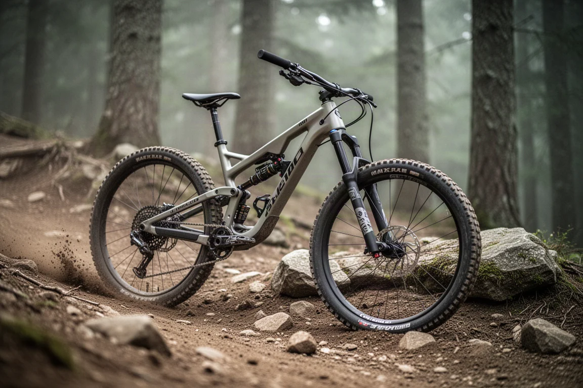 Vollgefedertes Mountainbike in starker Schräglage auf einer steinigen, lehmigen Abfahrt
