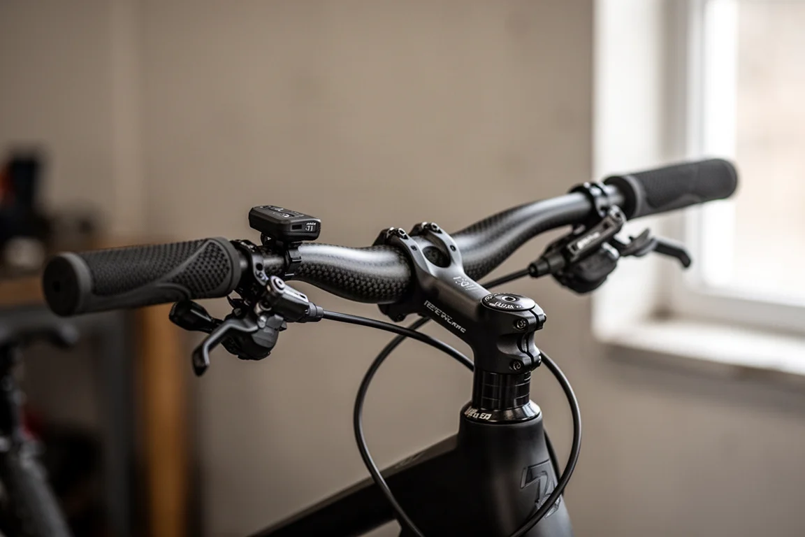 Nahaufnahme eines einteiligen Mountainbike-Lenkers, Vorbaus und der Bremshebel