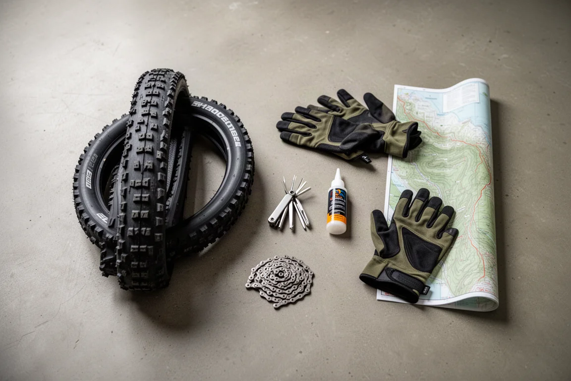 Flatlay von Mountainbike-Ersatzteilen auf Beton mit Reifen, Werkzeug und Handschuhen