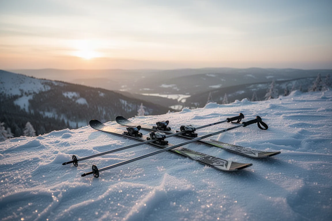 Touring skis and poles resting on a snow-covered ridge at sunrise