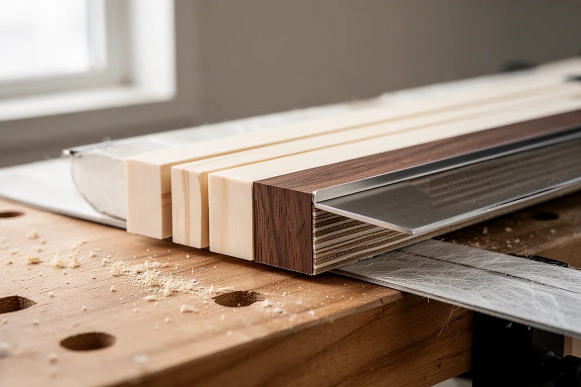 Close-up of a lightweight wood core ski cross section on a workbench